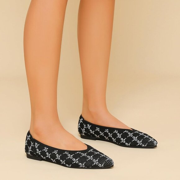 Women's Flats Shoes Pointed Toe Ballet Comfortable Dressy Slip On Stripe Black - Picture 5 of 6